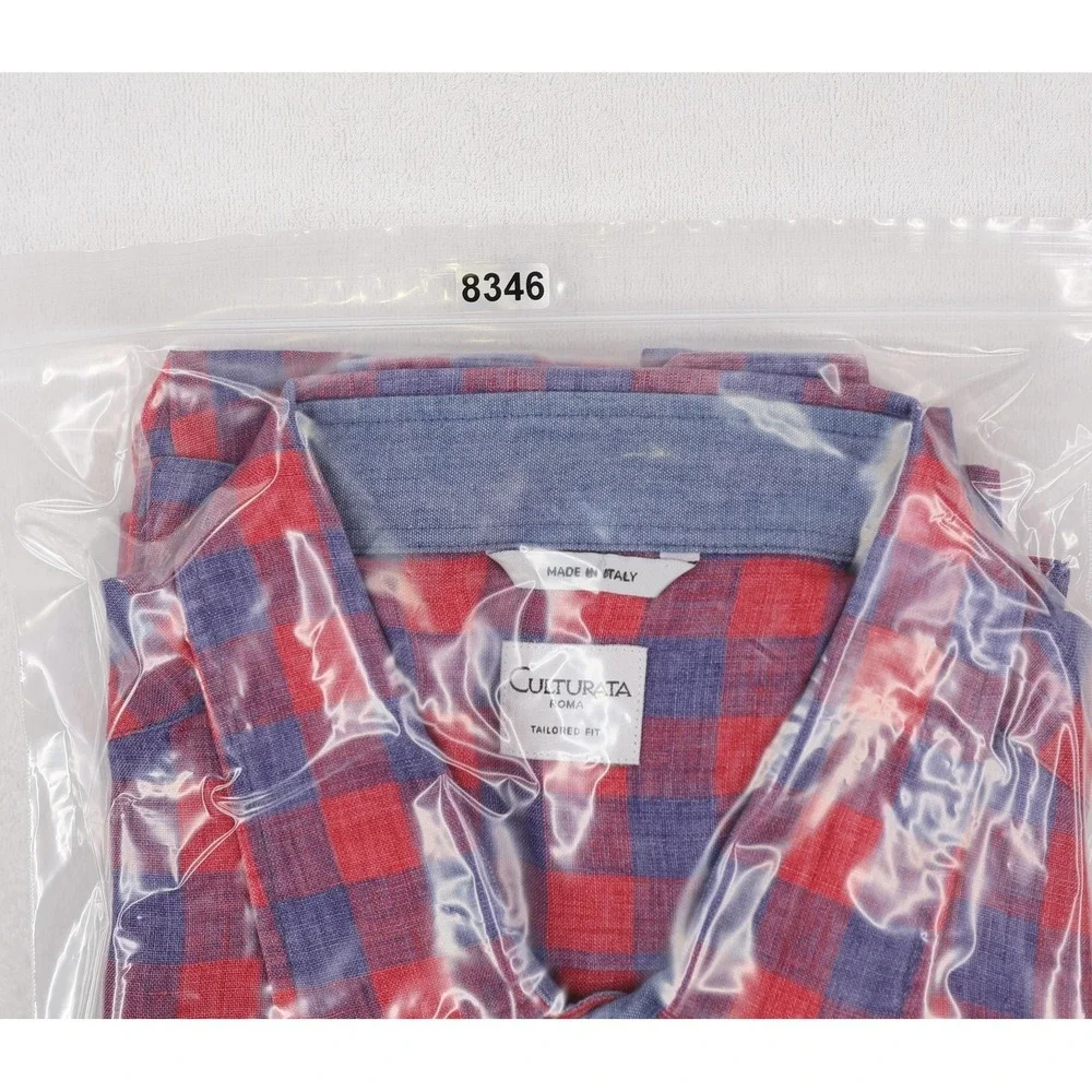 Culturata Shirt Mens XL Red Blue Check Linen Button Up Long Sleeve Made in Italy